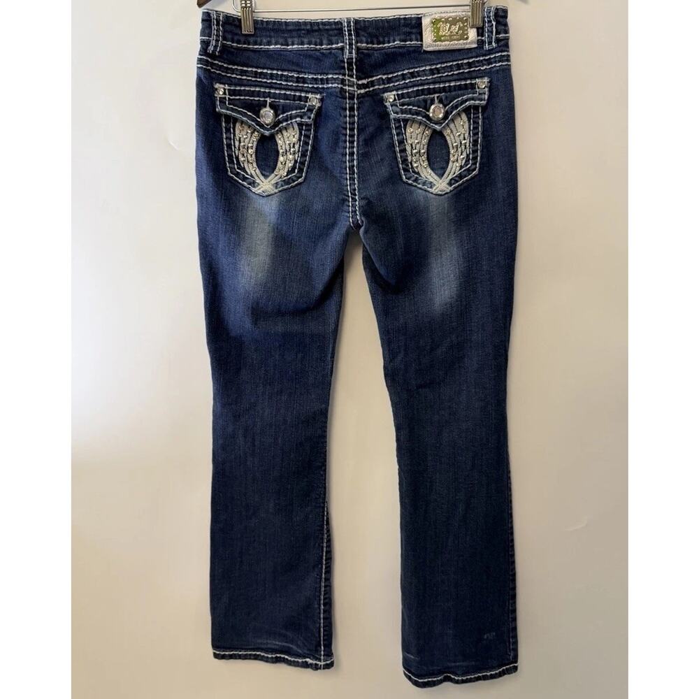 Y2K McBling Jeans Angel Embroidered Rhinestone Boot Cut Flare Fold Pockets Sz 15
